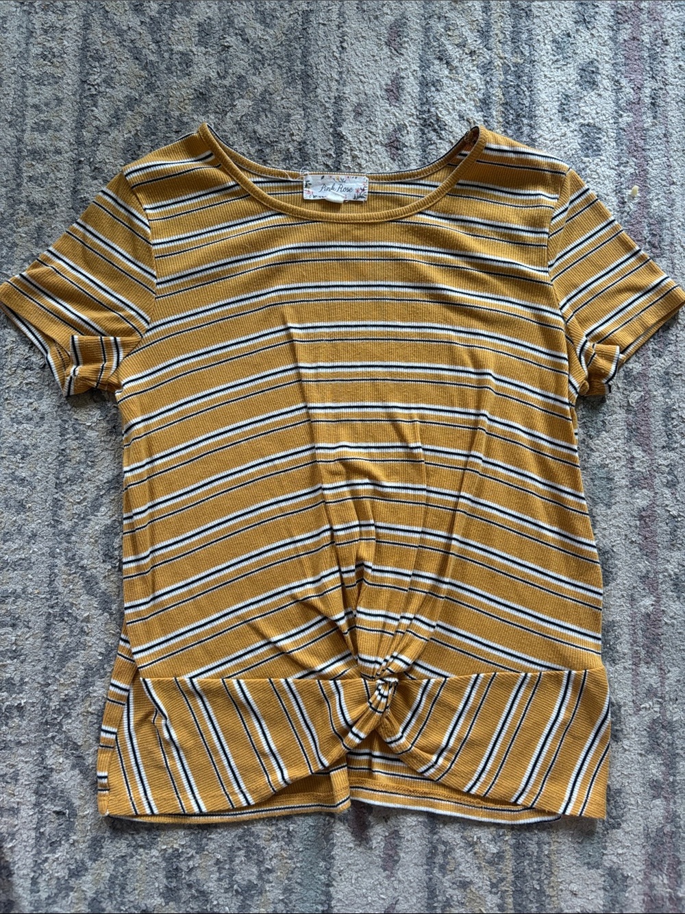 Pink Rose Mustard Stripe Knot-Front Short Sleeve Tee